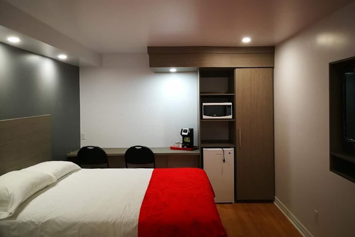 Habitación de hotel pequeña con cama, escritorio con microondas, refrigerador pequeño y armario.
