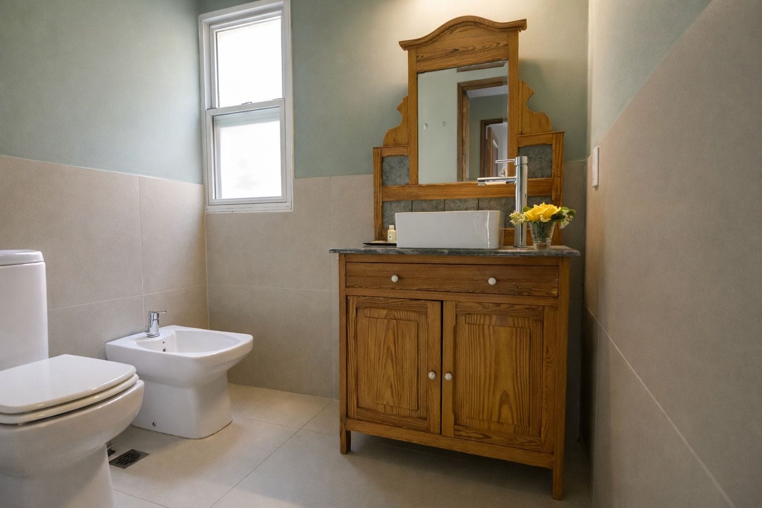 A bathroom with a toilet, bidet, wooden vanity with a mirror, and a window.