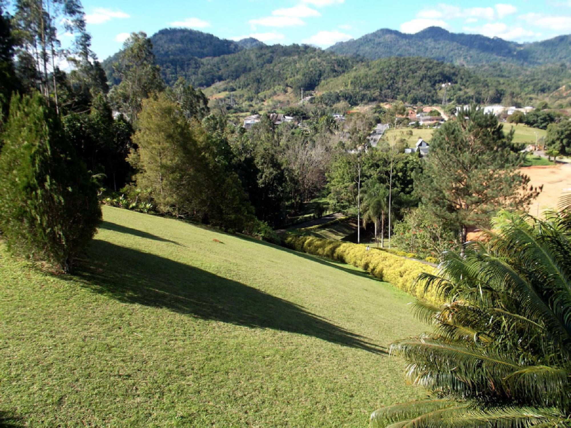 Un paysage verdoyant avec, au loin, la vue d’une ville, entourée de collines et d’arbres.