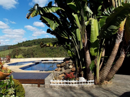 Una piscina al aire libre, sillones reclinables de piscina