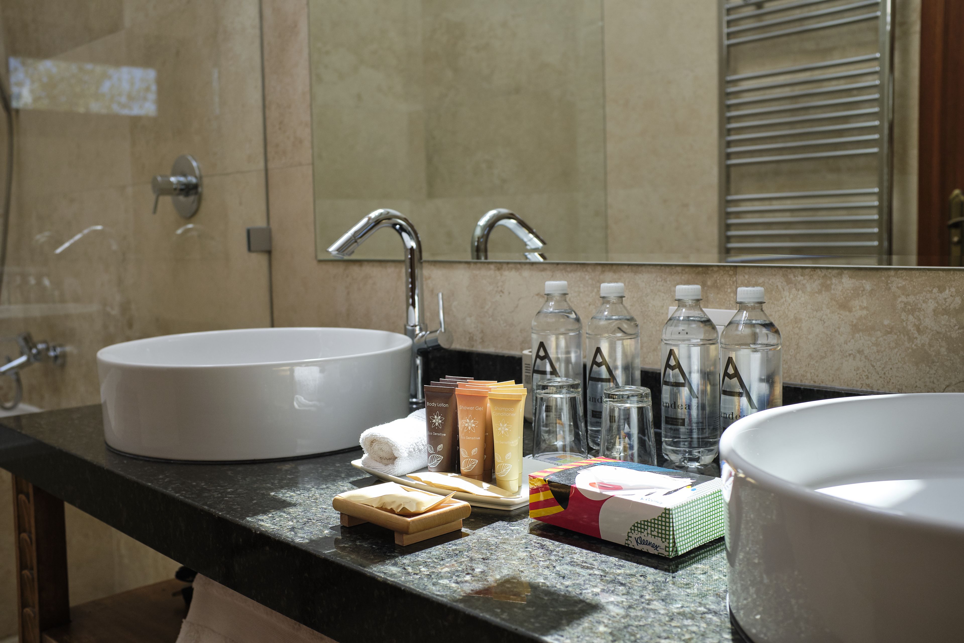 free toiletries, hair dryer, bathrobes, towels