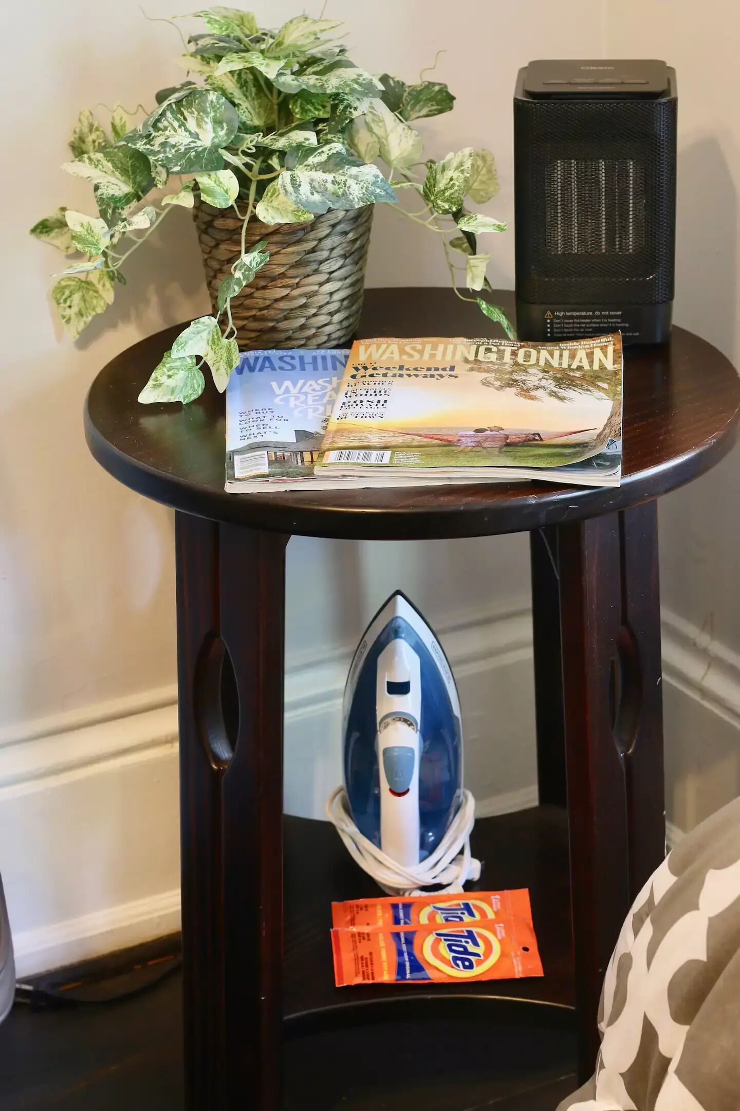 A small table with a magazine, a speaker, a plant, and an iron.