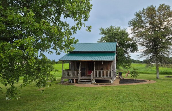 A rustic wooden cabin with a green roof, surrounded by lush green grass and trees.