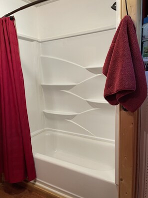 Hair dryer, towels, soap, toilet paper