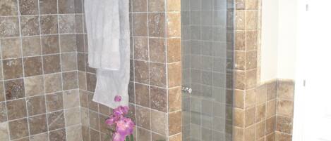 Ensemble baignoire-douche, séchoir à cheveux, bidet, serviettes fournies