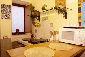 Fridge, microwave, stovetop, coffee/tea maker