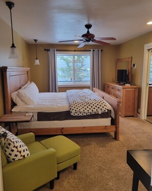 2 bedrooms, desk, blackout curtains, iron/ironing board