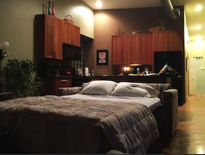 Cozy retreat with a single bed, kitchenette, and potted plant.