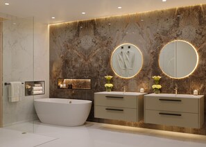 Badewanne, Haartrockner, Handtücher, Seife