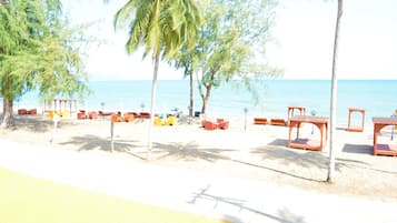 On the beach, free beach cabanas, sun-loungers, beach umbrellas