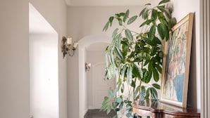 A hallway with dark stone flooring, white walls, a wooden console table with a framed painting, and a large potted plant. - San Carlo Suites (Noto)
