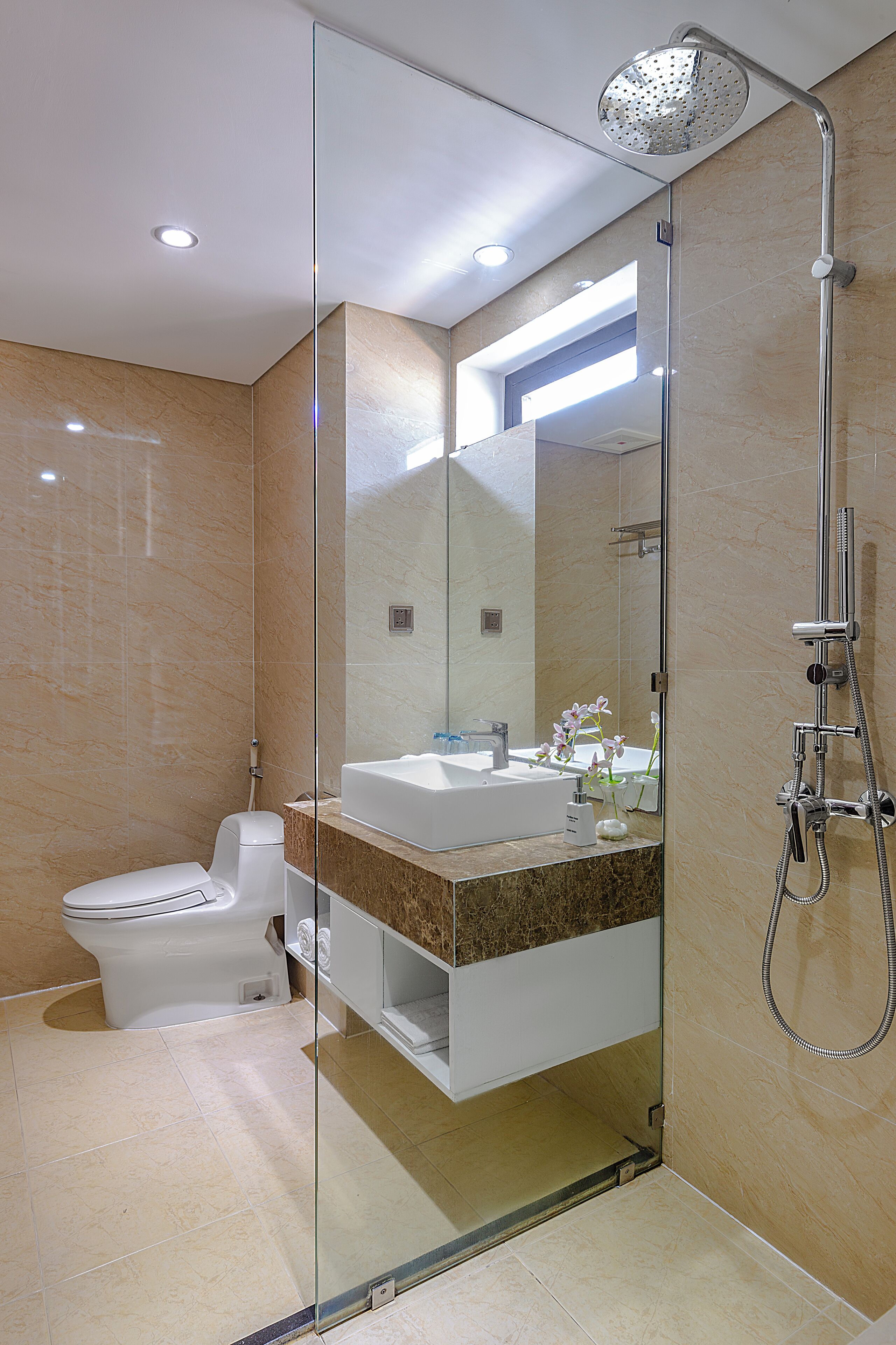 A modern bathroom with a glass shower enclosure, a white toilet, and a vanity with a sink and mirror.