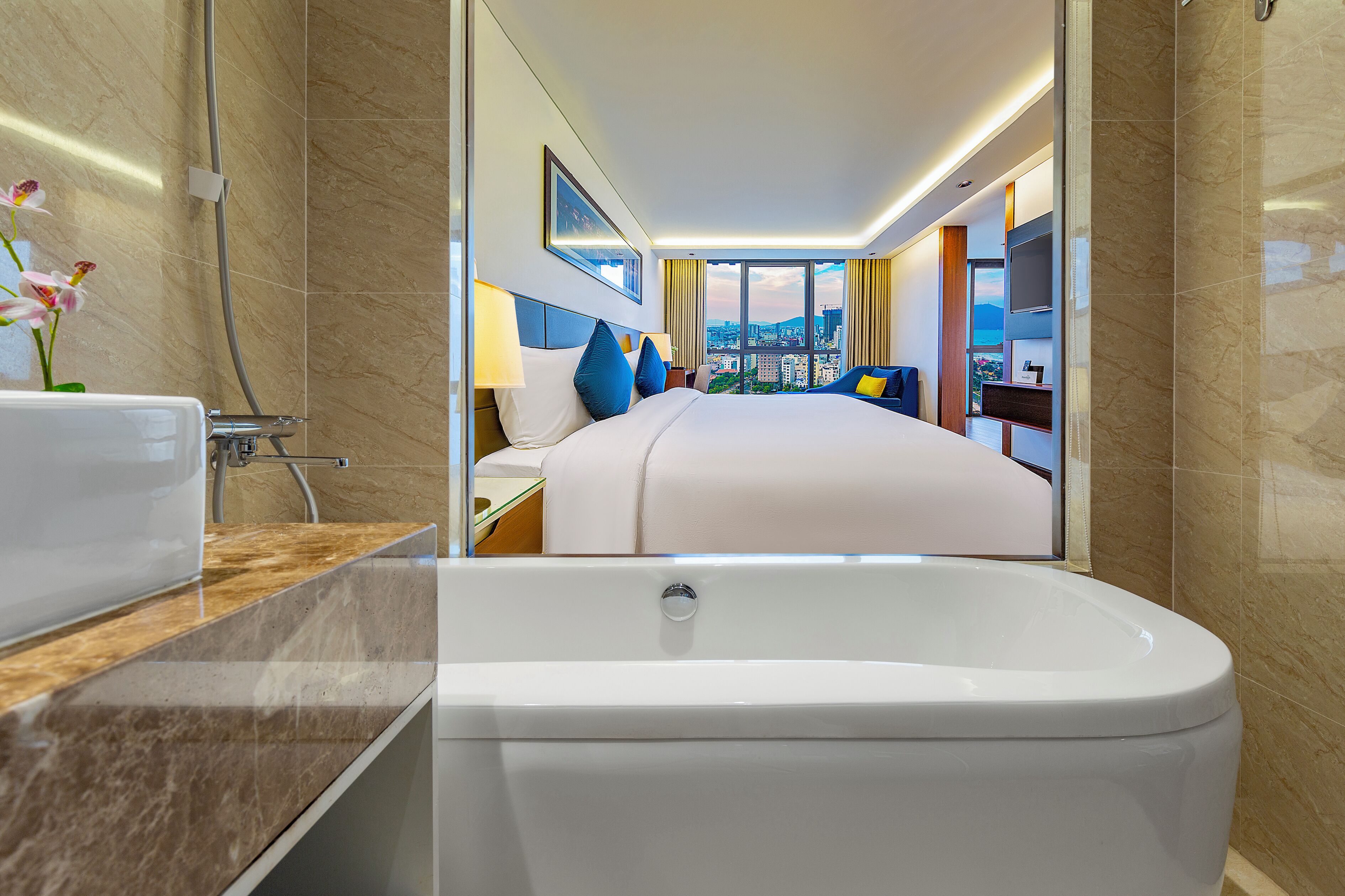 pavilion apartment | bathroom | rainfall showerhead, eco-friendly toiletries, hair dryer, bathrobes