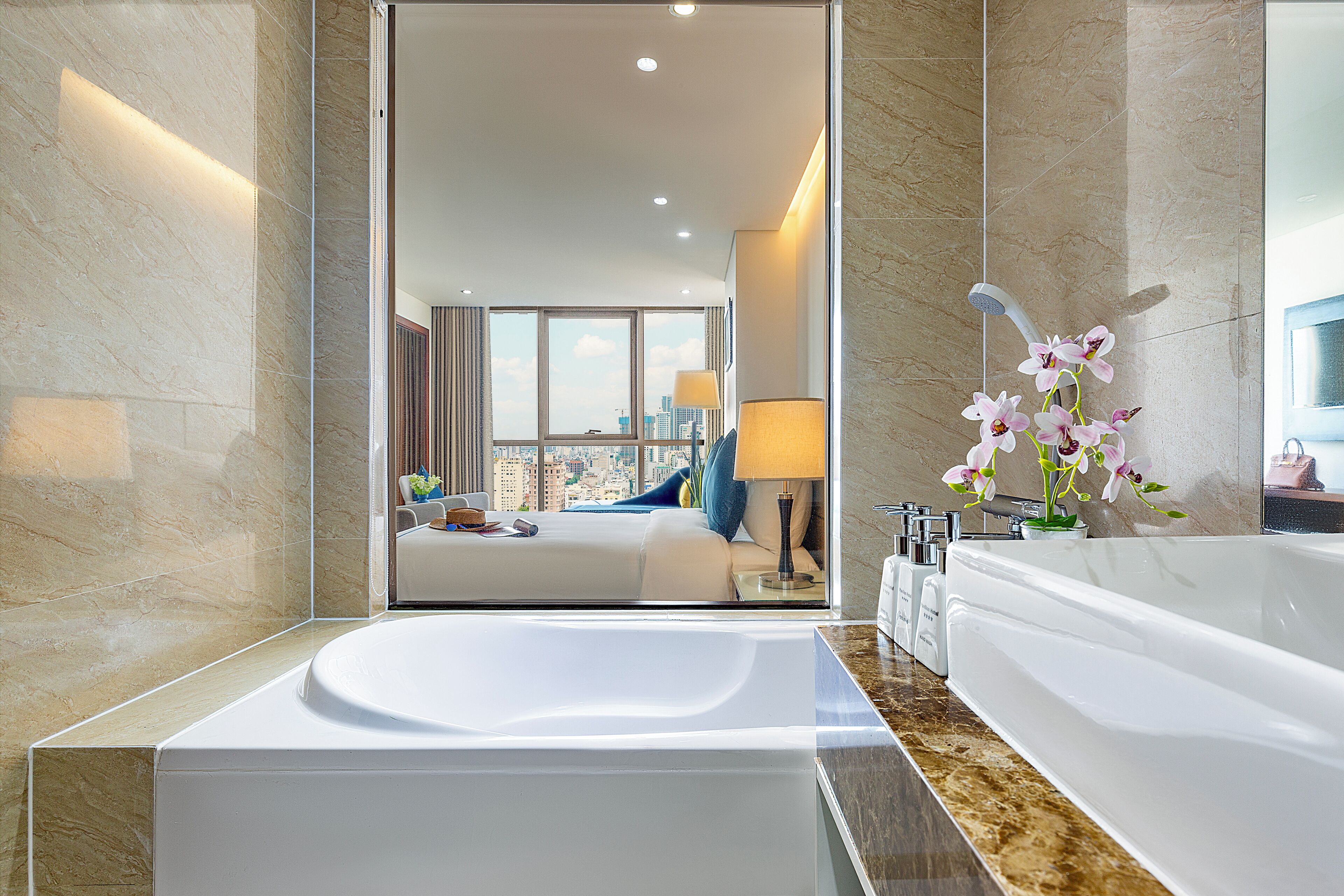 luxury double room | bathroom | rainfall showerhead, eco-friendly toiletries, hair dryer, bathrobes