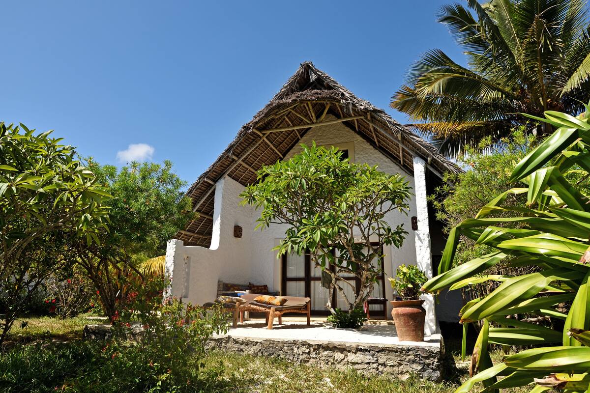Una casa blanca con techo de paja, rodeada de abundante vegetación y una palmera.
