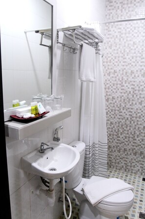 Shower, free toiletries, towels