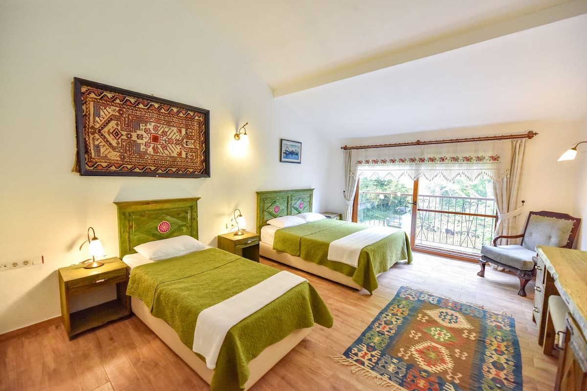 A room with two beds, a wooden floor, a patterned rug, a chair, and a balcony with a view.