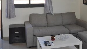 A living room with a grey sofa, a white coffee table, and a small black side table. - TLV Urban Life Style (Tel Aviv)