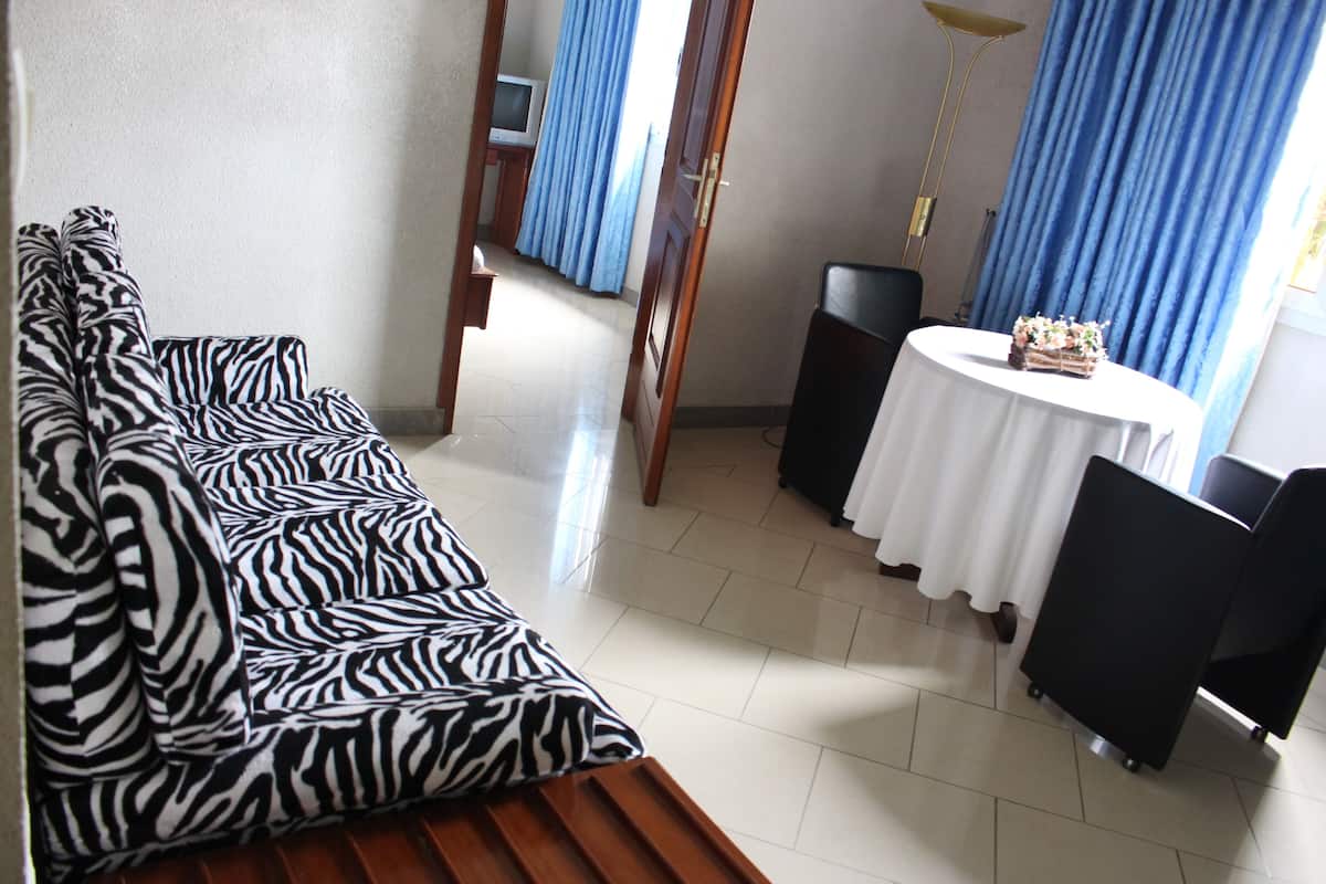 deluxe double room | living area | flat-screen tv