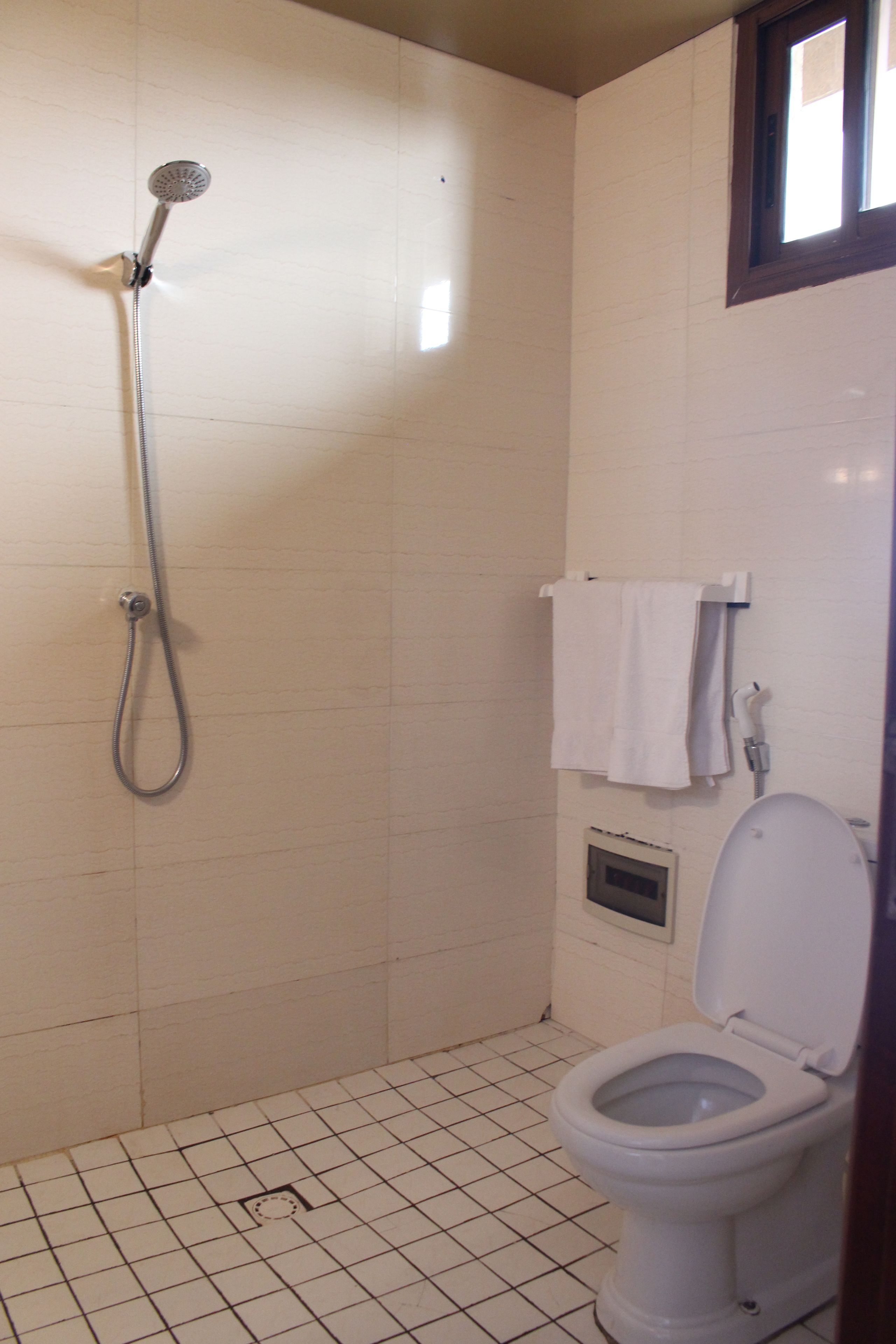 Un baño con ducha, inodoro y ventana.