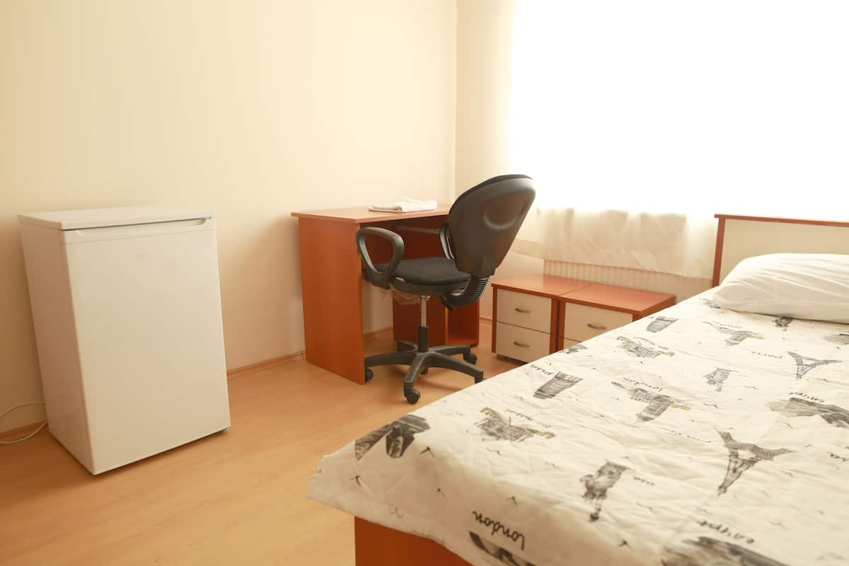 A bedroom with a bed, a desk, a chair, and a small white appliance.