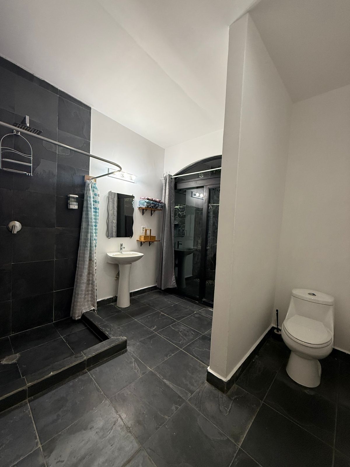 A modern bathroom with a shower, sink, and toilet.