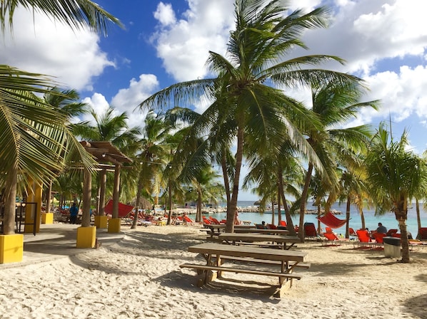 Plage privée, sable blanc, chaise longue, parasol