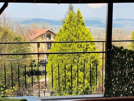 A balcony with a view of a house and a tall tree.