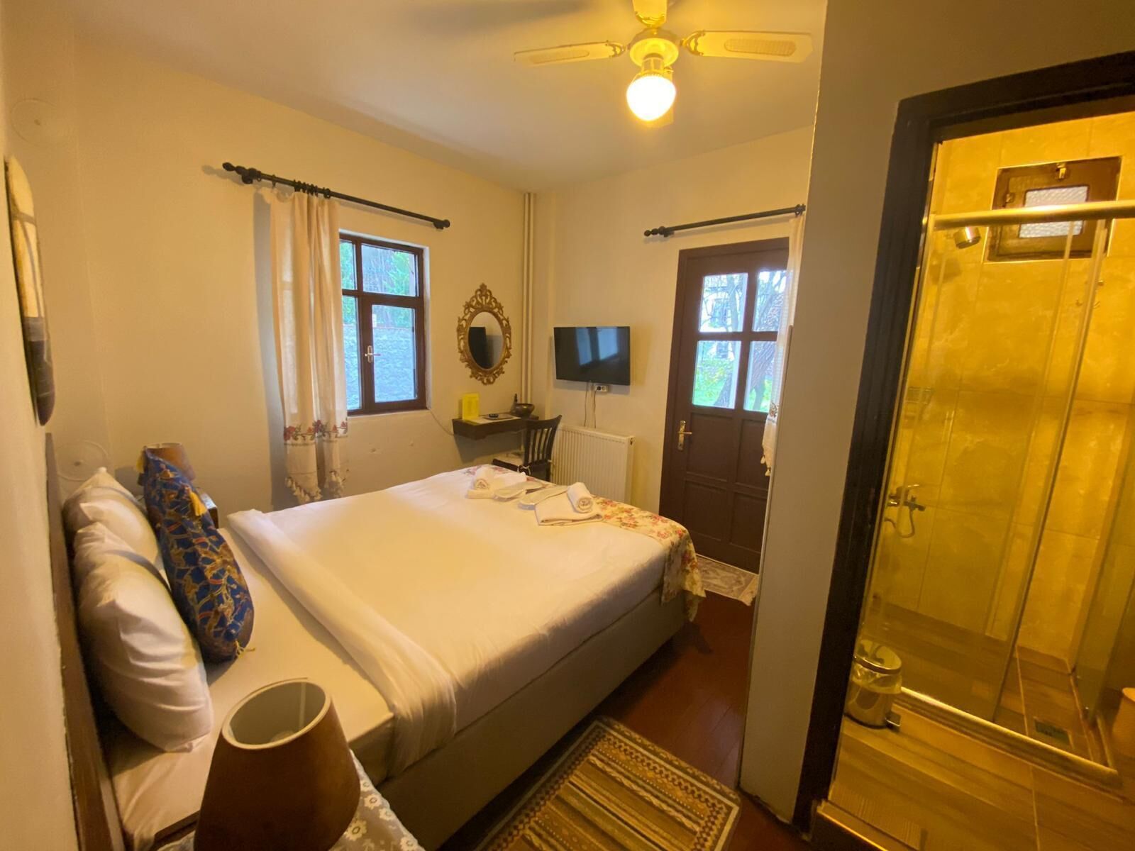 Une chambre à coucher comprenant un lit, un bureau, une chaise, une télévision et une salle de bain avec douche.
