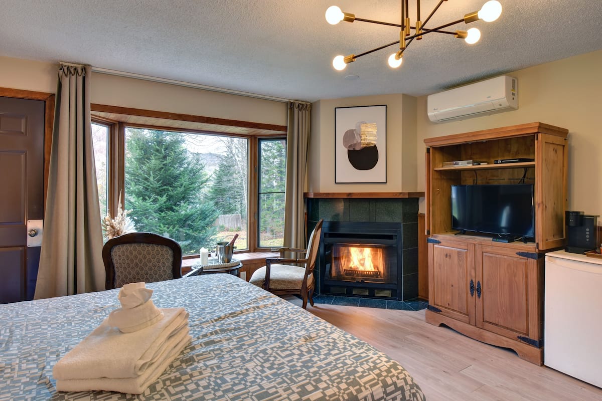 A hotel room with a bed, a fireplace, a television, and a view of the outdoors.