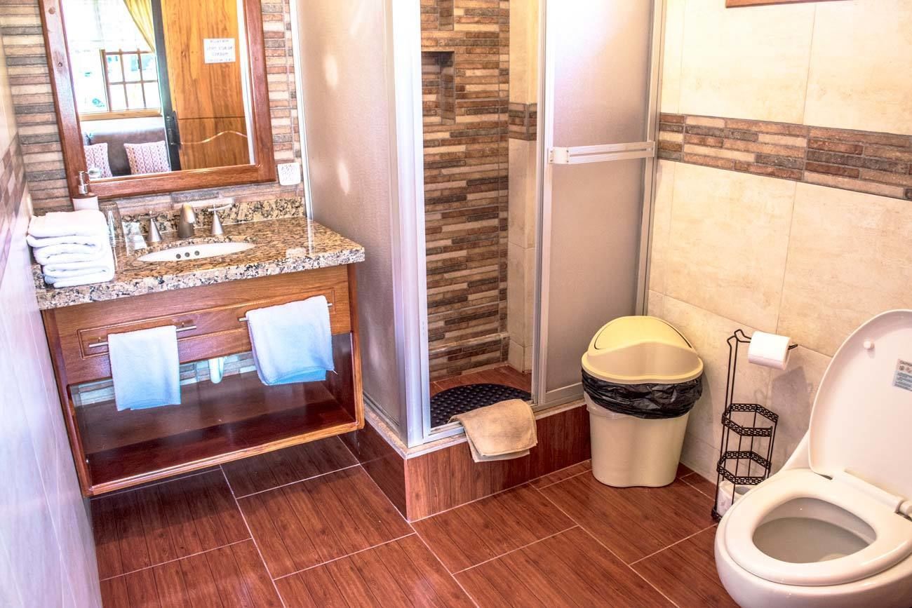 Un baño con tocador de madera, ducha y retrete.