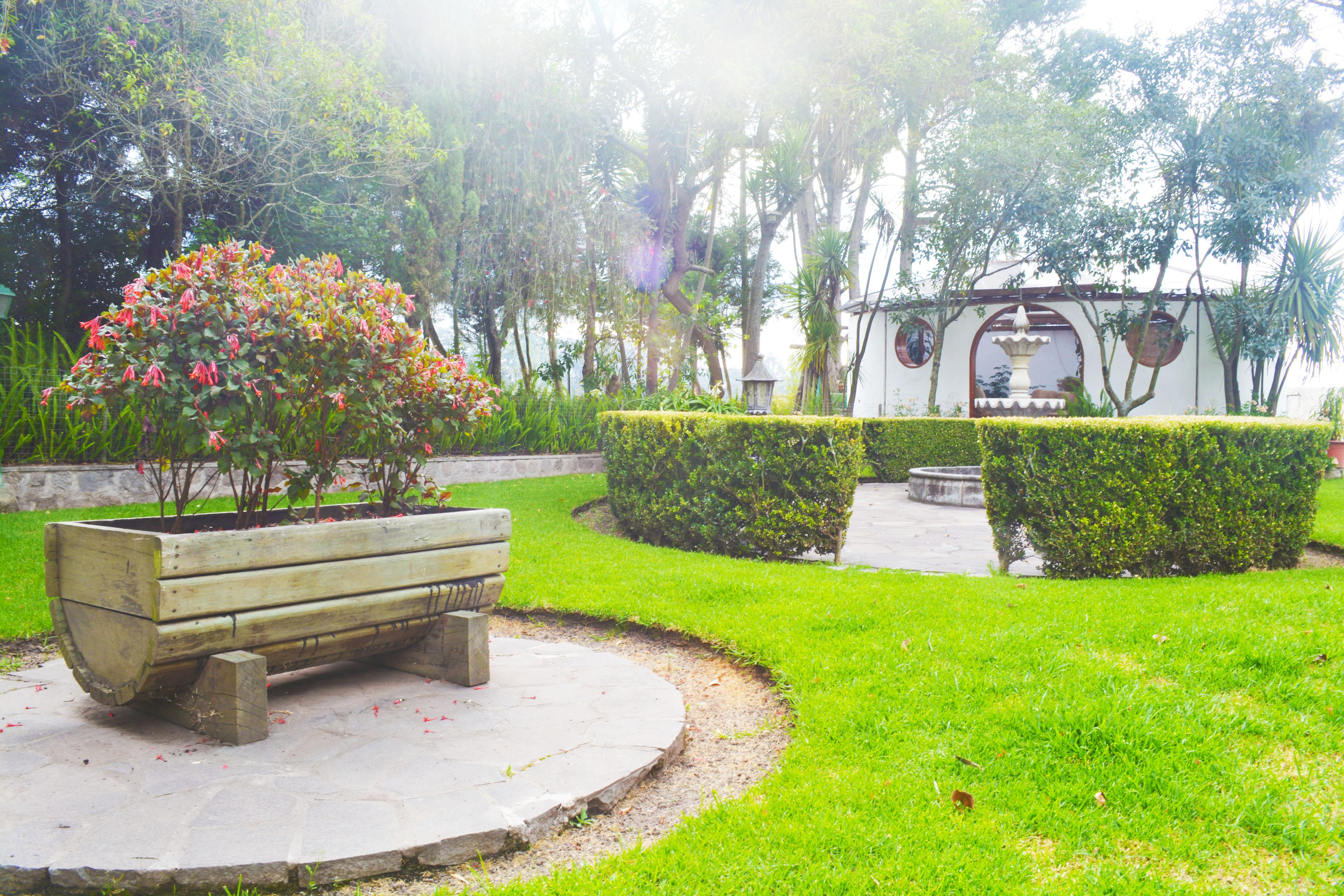 A circular garden with a wooden bench, neatly trimmed hedges, and a fountain structure.