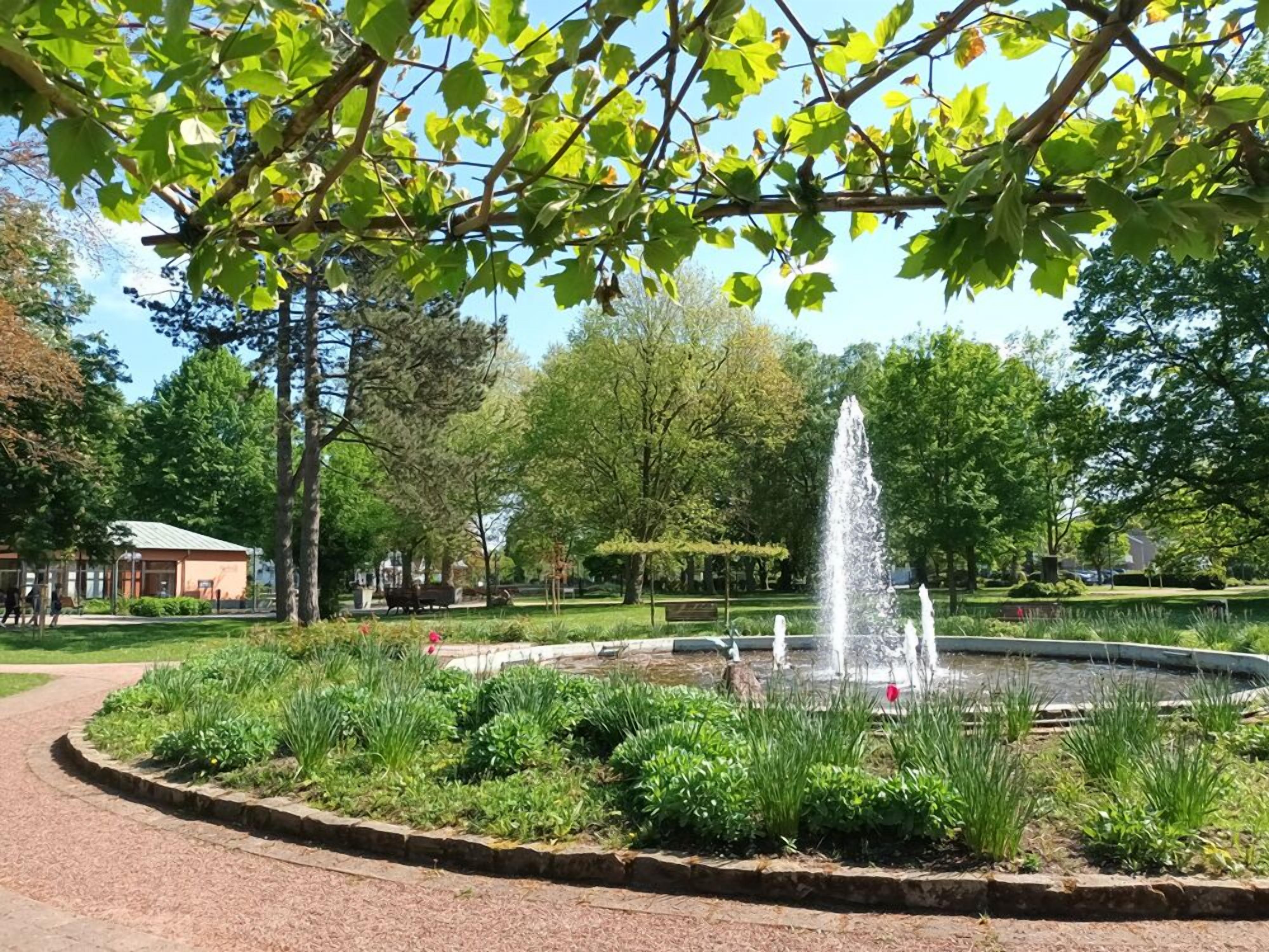 A park with a central fountain surrounded by a circular garden bed with various plants.