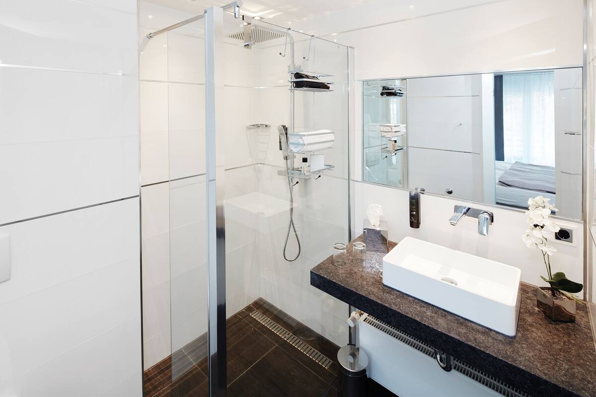 shower, rainfall showerhead, free toiletries, hair dryer