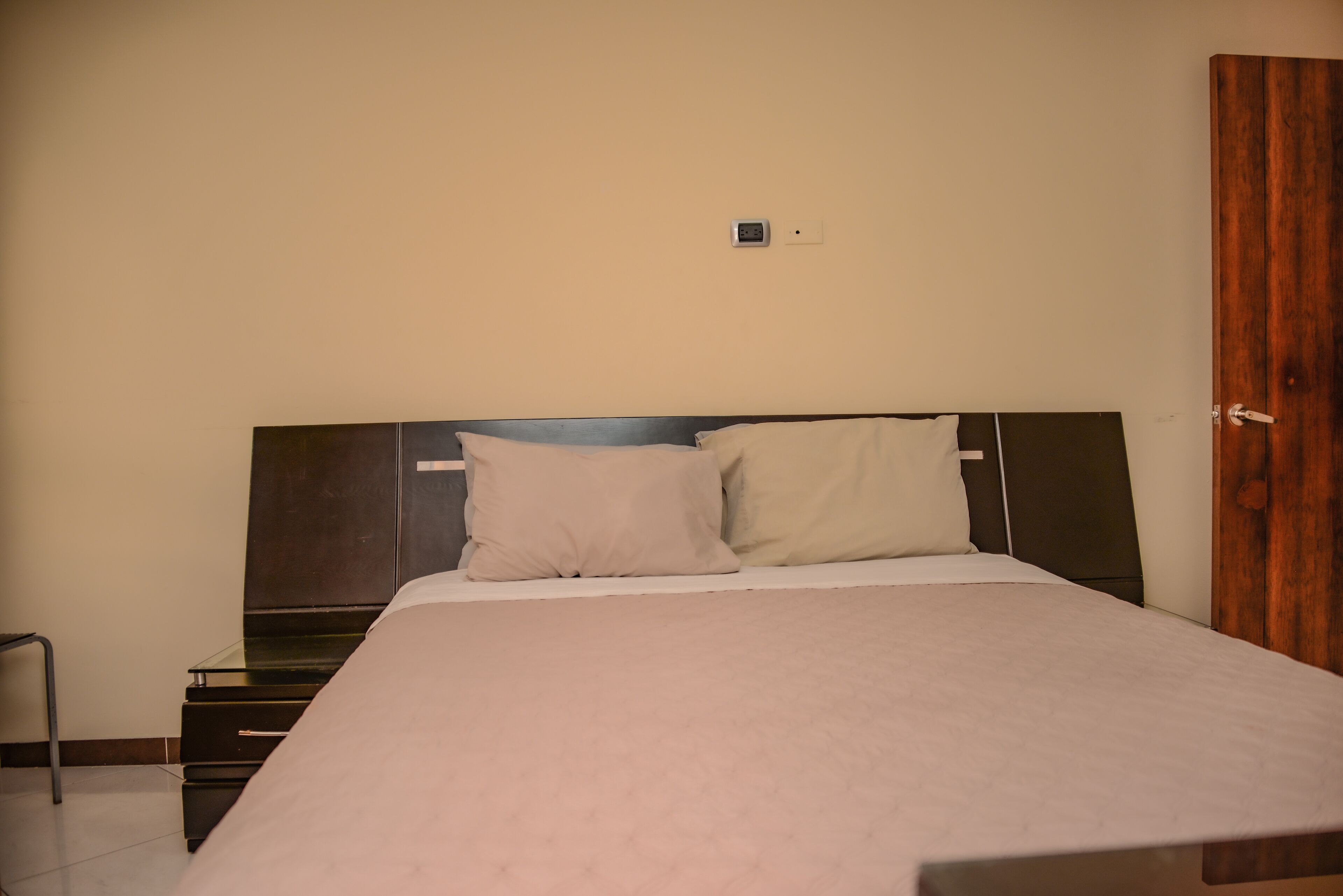 A bedroom with a bed, two pillows, a nightstand, and a wooden door.