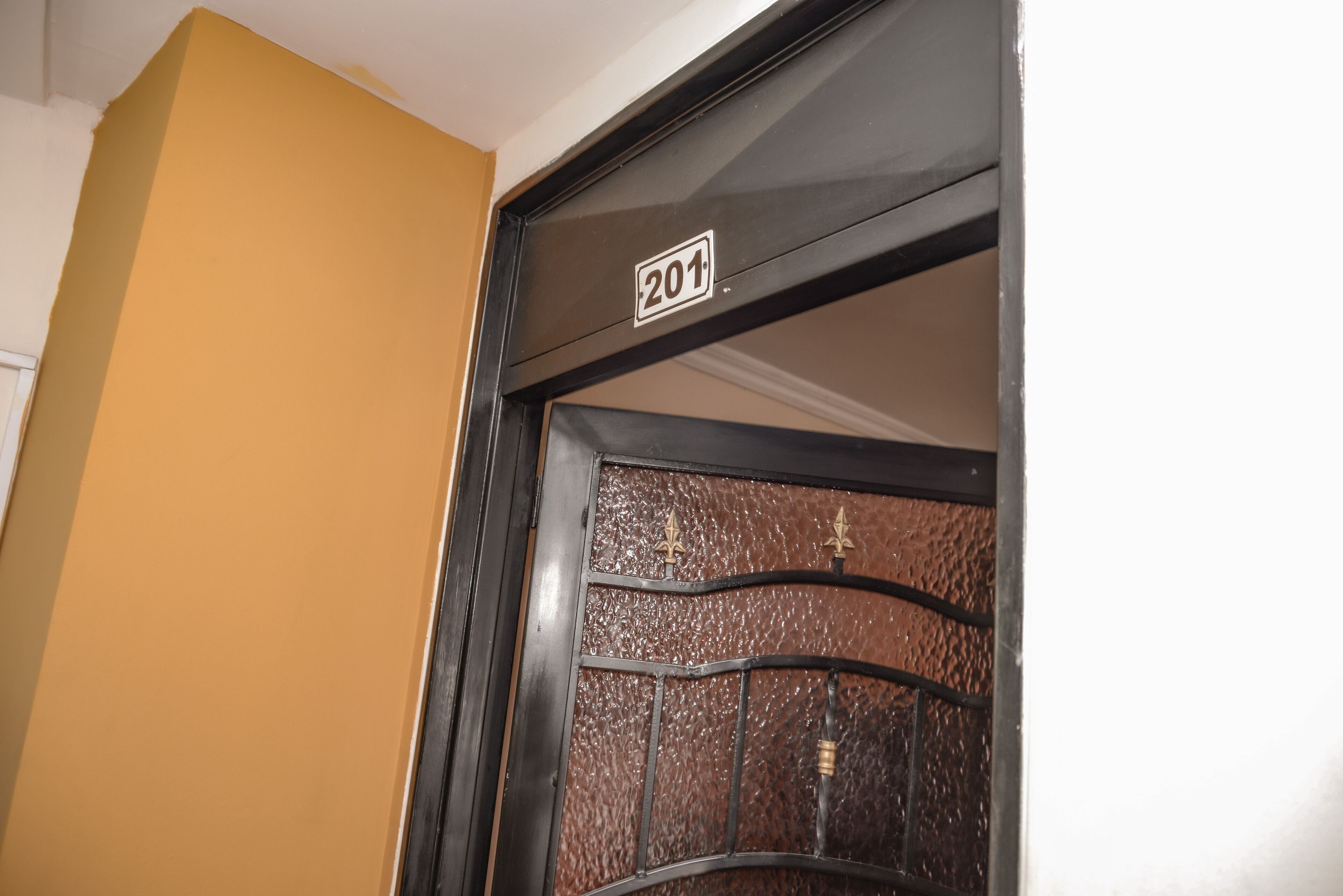 Una puerta con una placa de identificación '201' y un portón metálico con detalles decorativos.