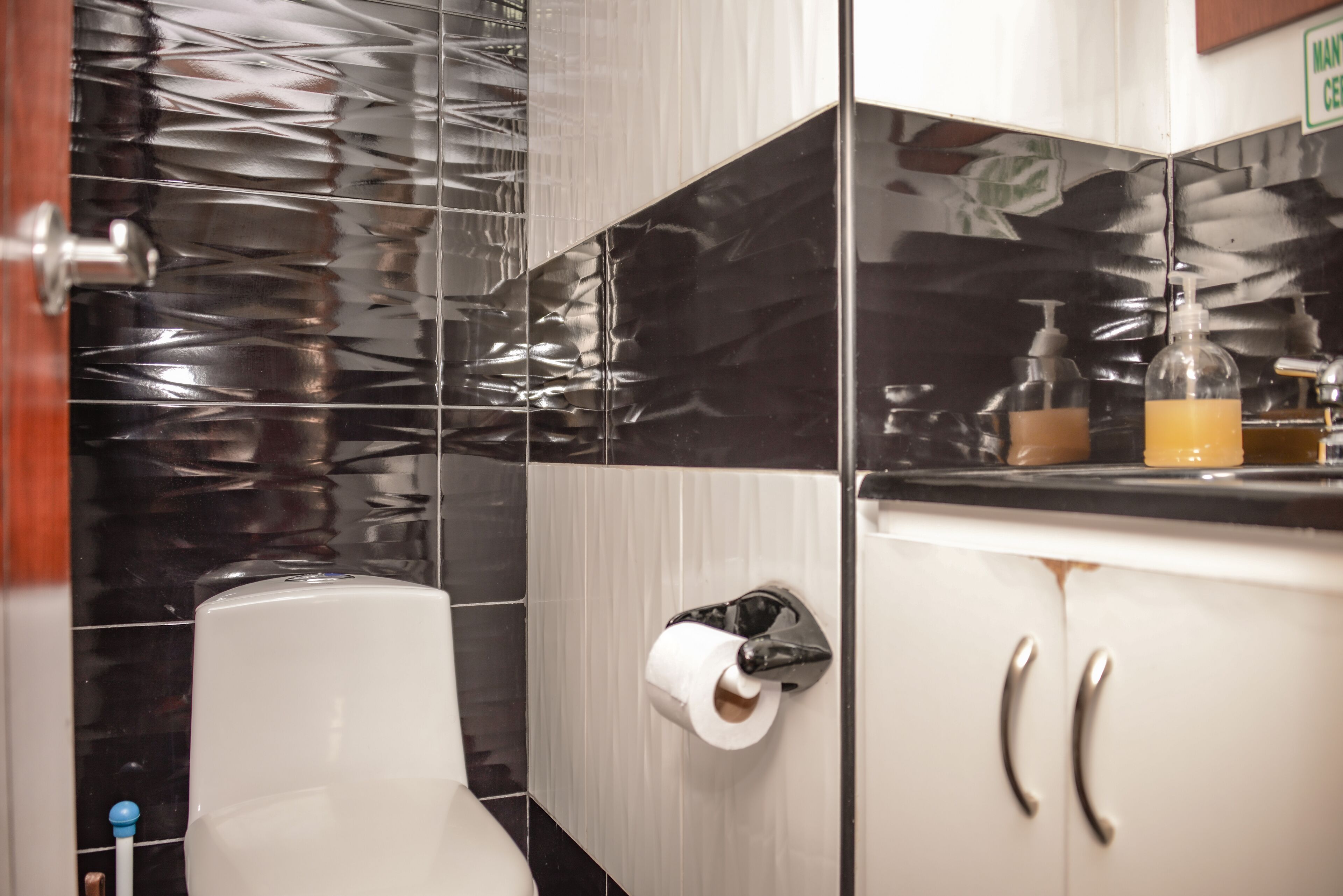 Une salle de bain équipée de toilettes, d’un distributeur de gel hydroalcoolique et d’un distributeur de savon sur le comptoir.