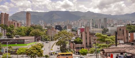 A cityscape with high-rise buildings, a street with vehicles, and a mountain in the background.