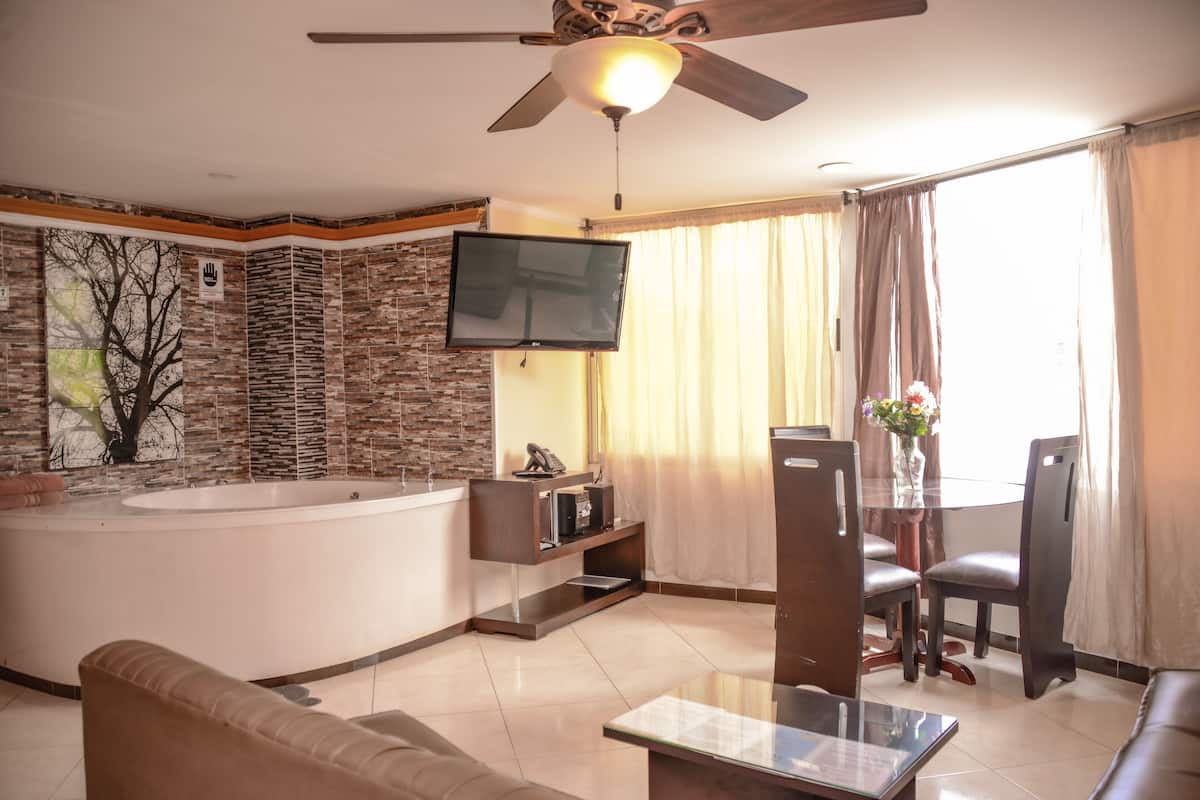 A modern living room with a large bathtub, a flat-screen TV, and a dining area with chairs and a table.