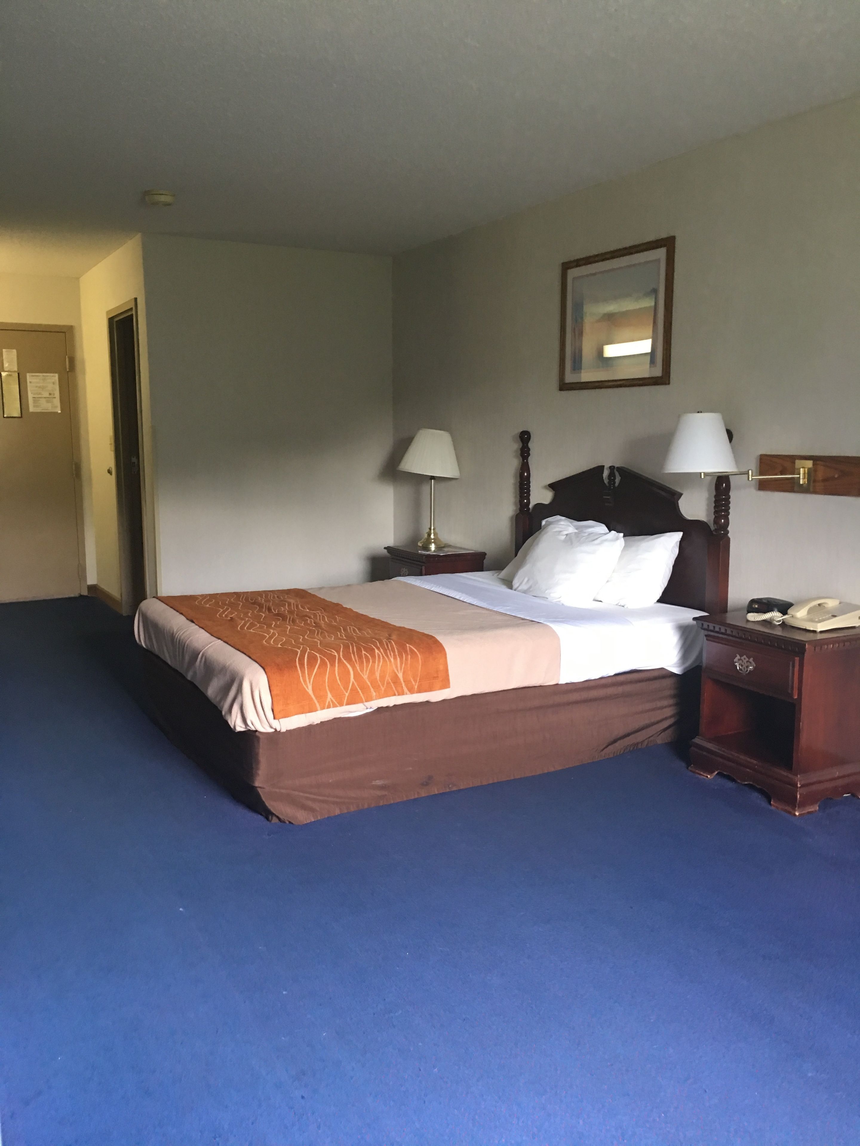A hotel room with a bed, two bedside tables, a nightstand, a lamp, and a framed picture on the wall.