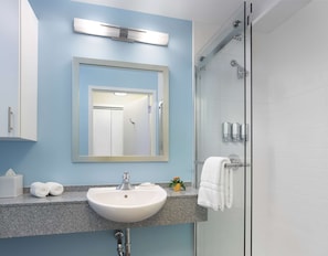 Bathroom features a sink, mirror, and glass-enclosed shower area with handheld showerhead.