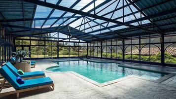 Indoor pool, outdoor pool, sun loungers