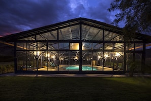 Indoor pool, outdoor pool, sun loungers