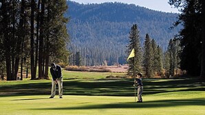 A golf course with a flagstick, trees, and a mountainous background.