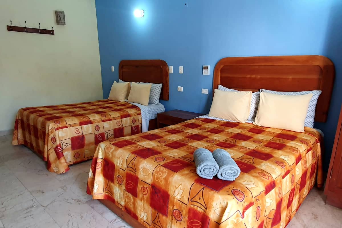 Two single beds with wooden headboards, a blue wall, and a light fixture.