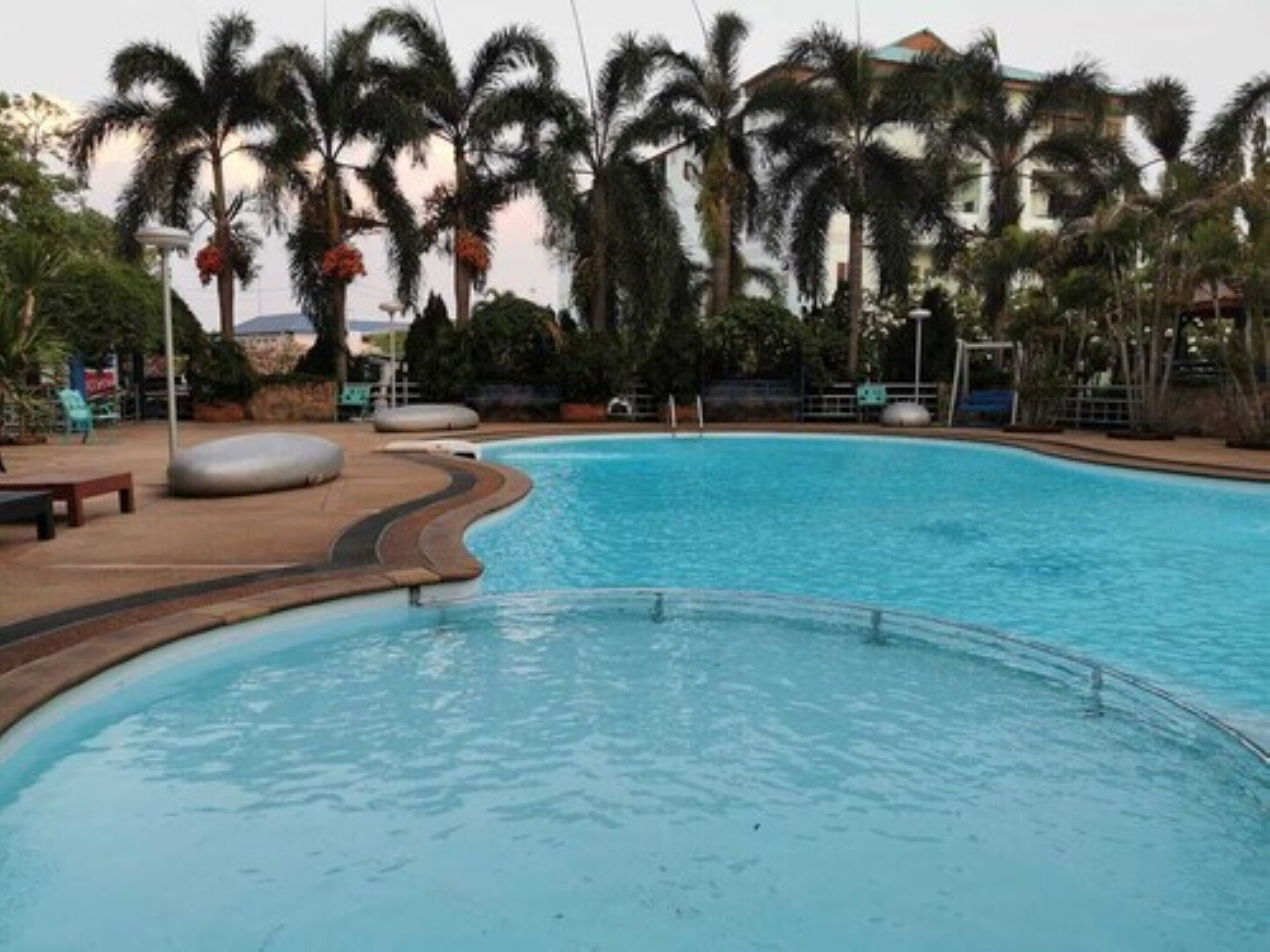 Una piscina a forma curva, circondata da palme e un edificio sullo sfondo.