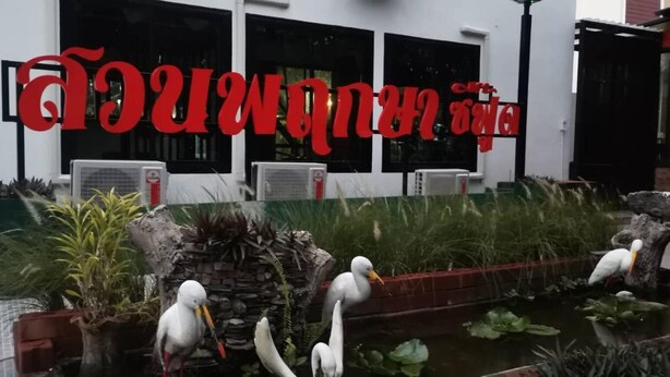 A building with a pond and decorative birds, surrounded by potted plants and a stone structure. - Grand Pruksa Siri Apartment (Saraburi)