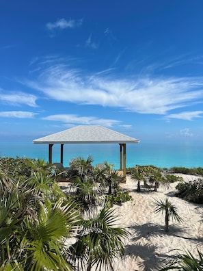 On the beach, sun loungers, beach towels