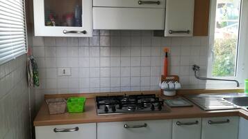 Fridge, oven, stovetop, coffee/tea maker