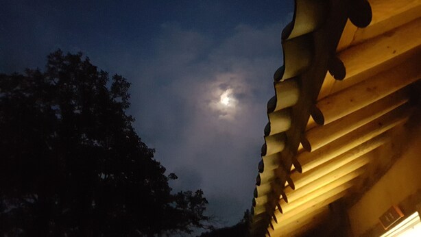 A night sky with a visible moon and a silhouette of trees. - Jukheon Traditional House (Andong)